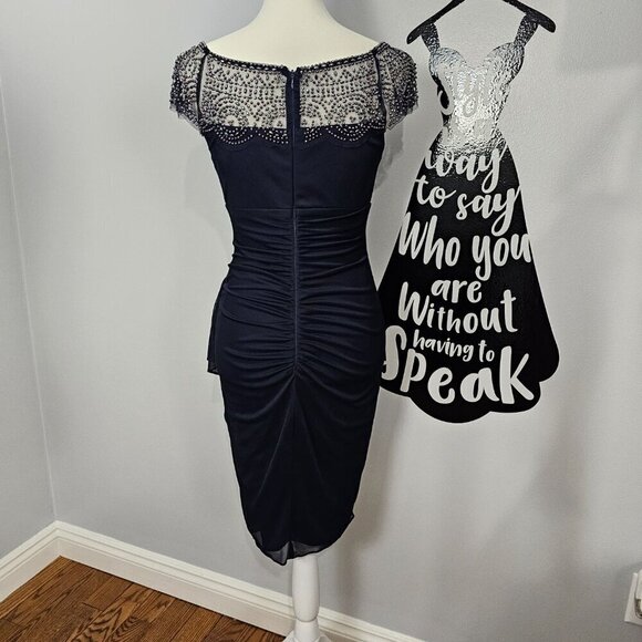Cache Embellished Yoke Ruched Mesh Sheath Dress - Picture 8 of 16